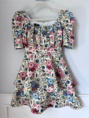 Floral Puff-Sleeve Mini Dress in Cream with Pink & Blue Blooms